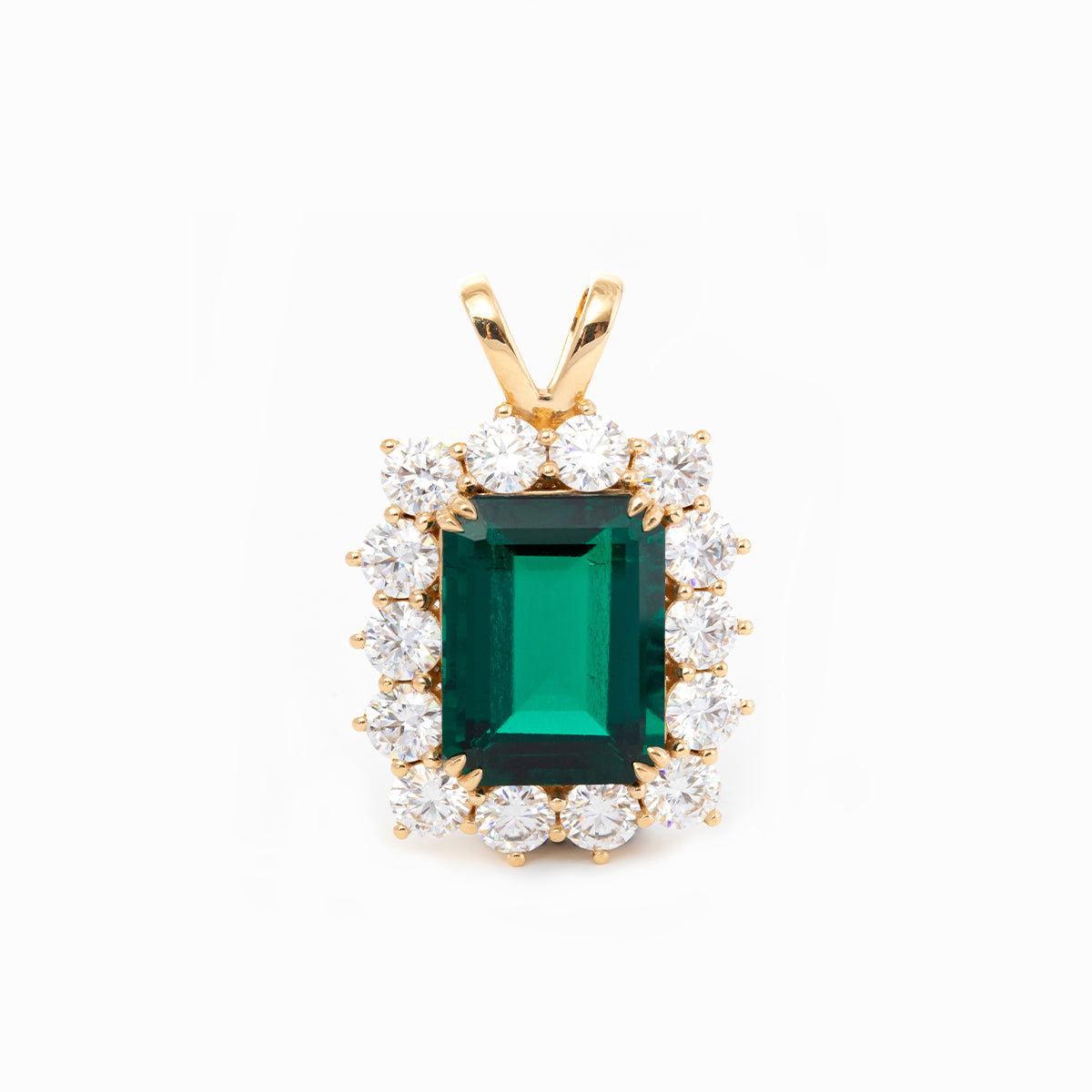 18K Yellow Gold 11ct Emerald Cut Lab Zambian Emerald Halo Pendant Necklace - FIORESE JEWELRY