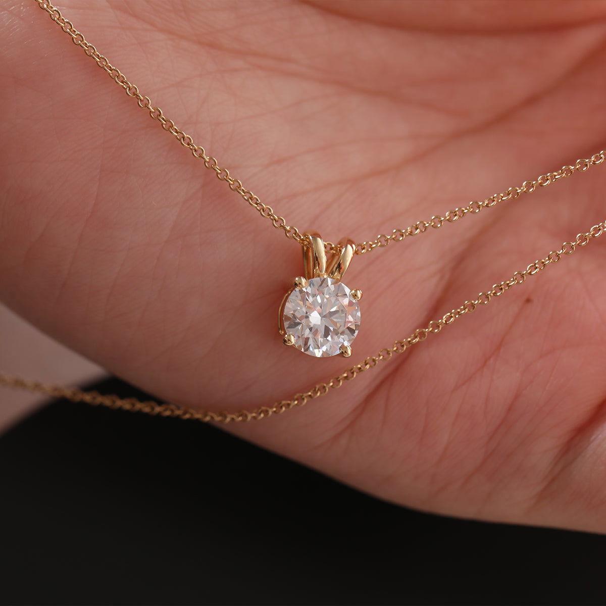 18K Yellow Gold 1.5ct Round Lab Diamond Round Prong Basket Setting Necklace - FIORESE JEWELRY