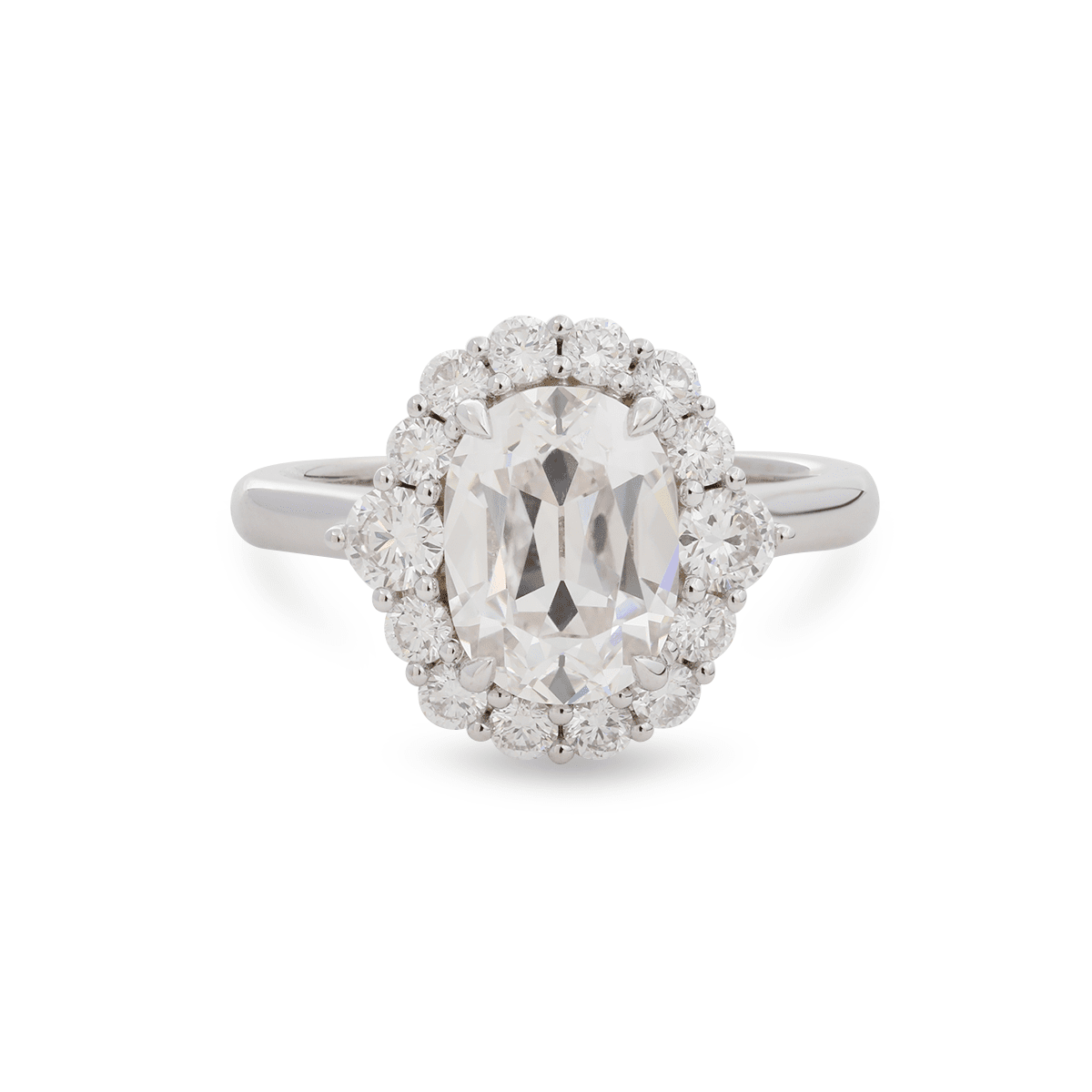 18K Yellow Gold 2ct Oval Old Mine Cut Lab Diamond Vintage Ring with a Round Diamond Halo - FIORESE JEWELRY