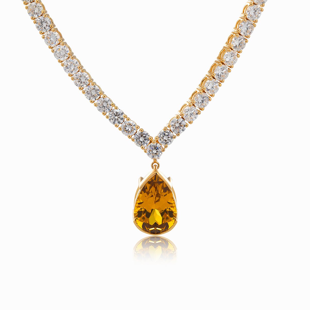 18K Yellow Gold 32.5 ct tw 4mm Tennis Necklace with A Pear Brazilian Natural Citrine - FIORESE JEWELRY