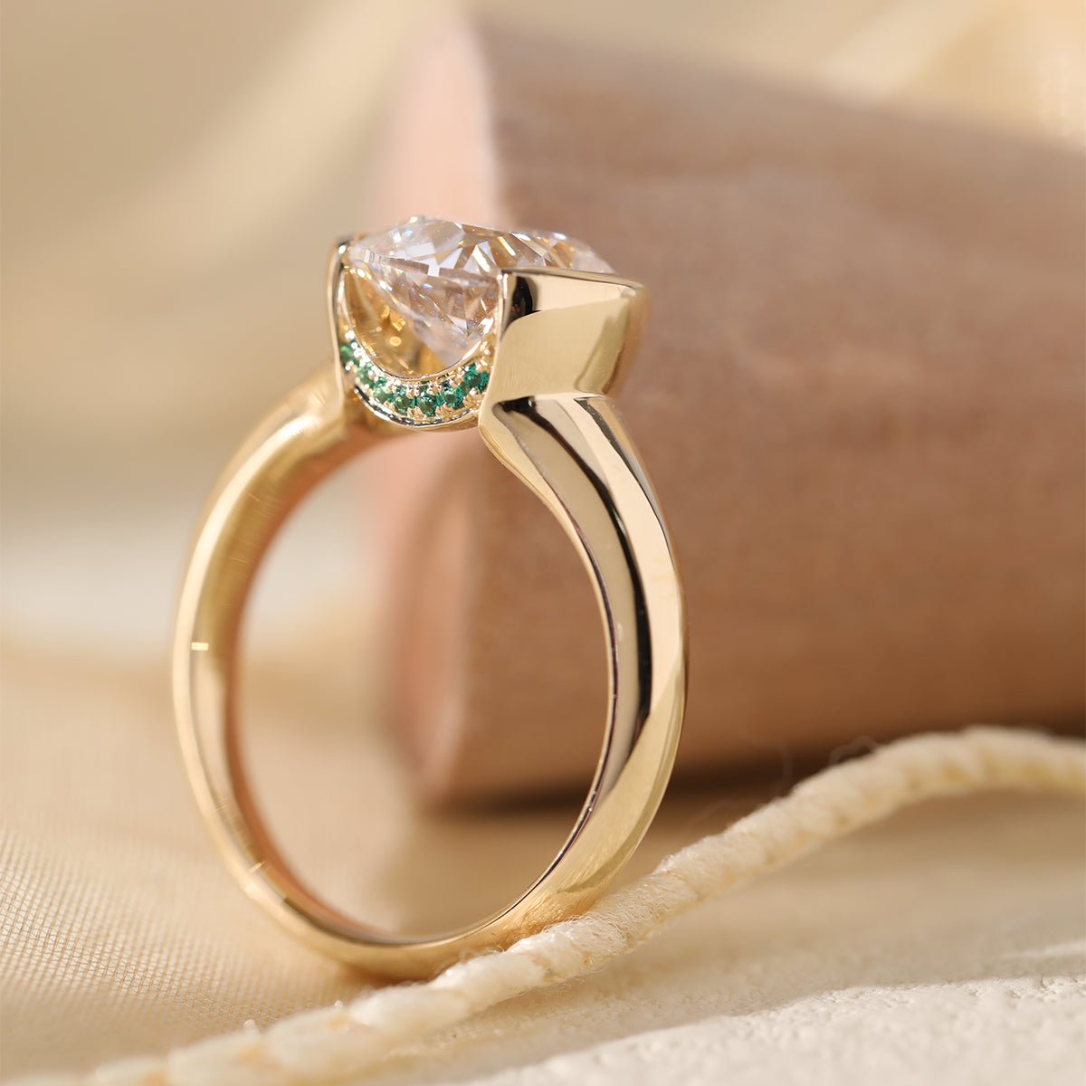 18K Yellow Gold 3.5ct Old Mine Cut Lab Diamond Half Bezel Statement Ring with Hidden Round Lab Emerald Wave Pave - FIORESE JEWELRY