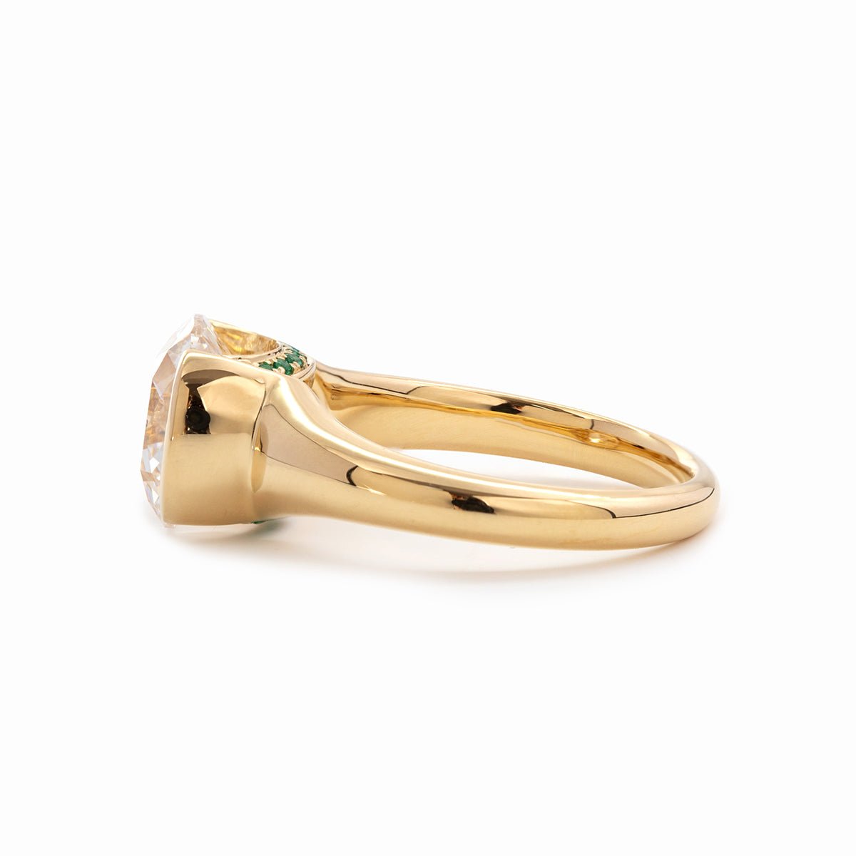 18K Yellow Gold 3.5ct Old Mine Cut Lab Diamond Half Bezel Statement Ring with Hidden Round Lab Emerald Wave Pave - FIORESE JEWELRY