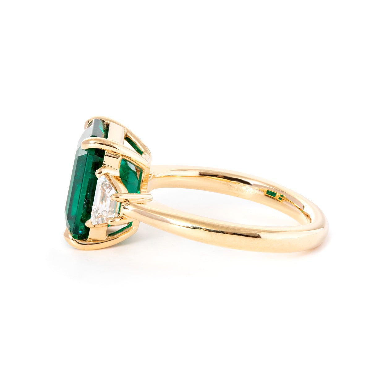 18K Yellow Gold 3ct Lab Emerald Three - stone Ring with Step Cut Trapezoid Lab Diamond Side - stones - FIORESE JEWELRY