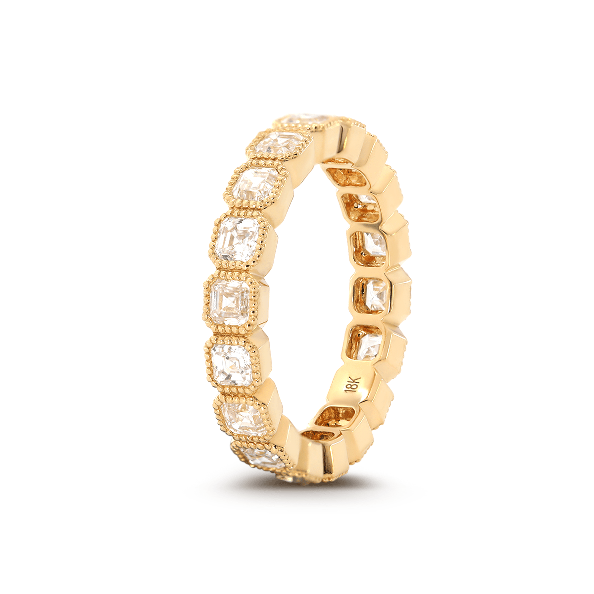 18K Yellow Gold Asscher Cut Lab Diamond Millegrain Bezel Eternity Ring - FIORESE JEWELRY