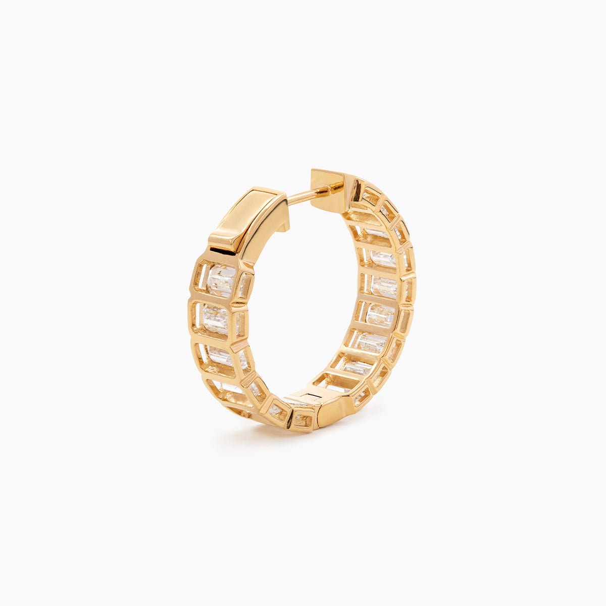 18K Yellow Gold Emerald Cut Lab Diamond Half Bezel Huggie Earrings - FIORESE JEWELRY