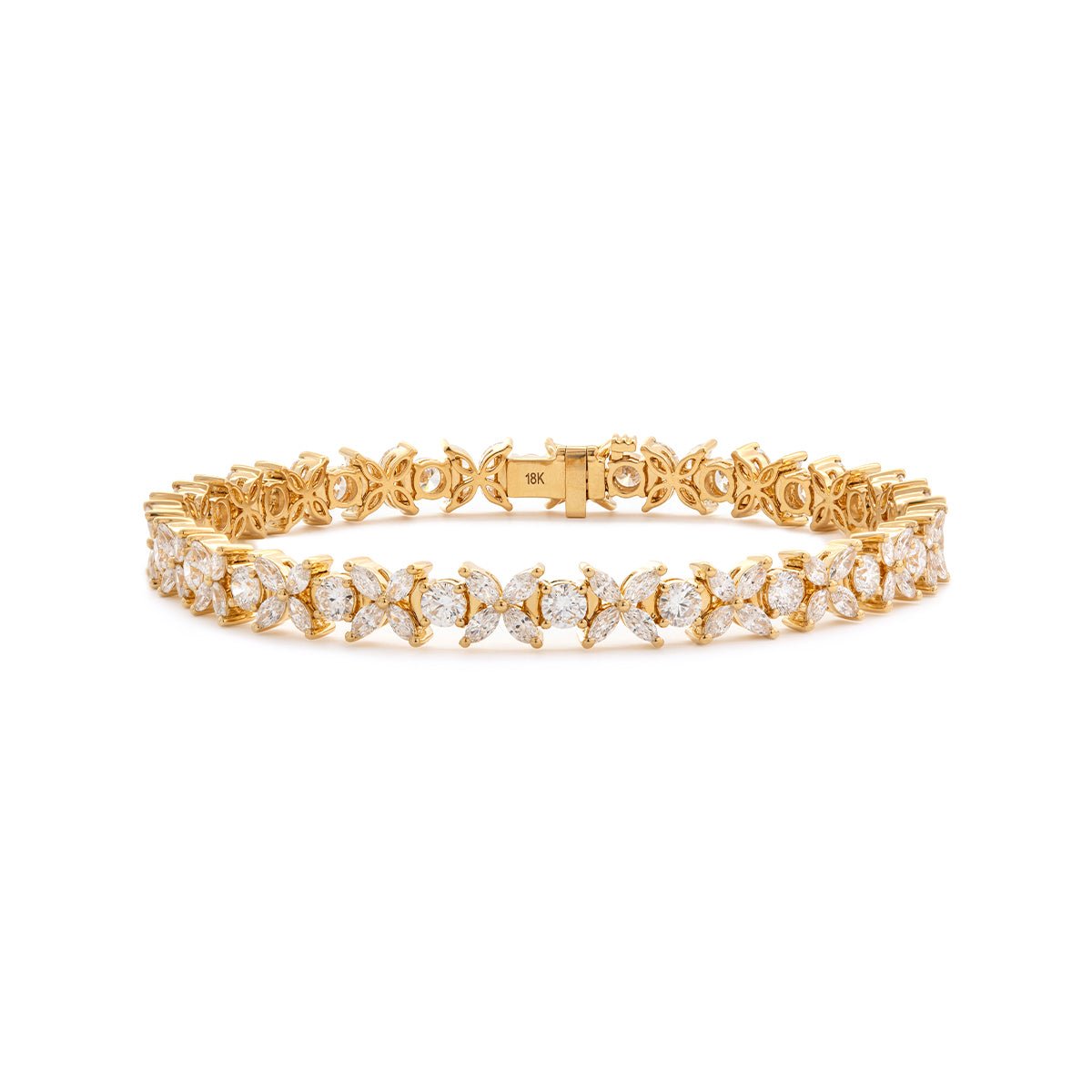 18K Yellow Gold Marquise Cut & Round Cut Lab Diamond Floral Tennis Bracelet - FIORESE JEWELRY