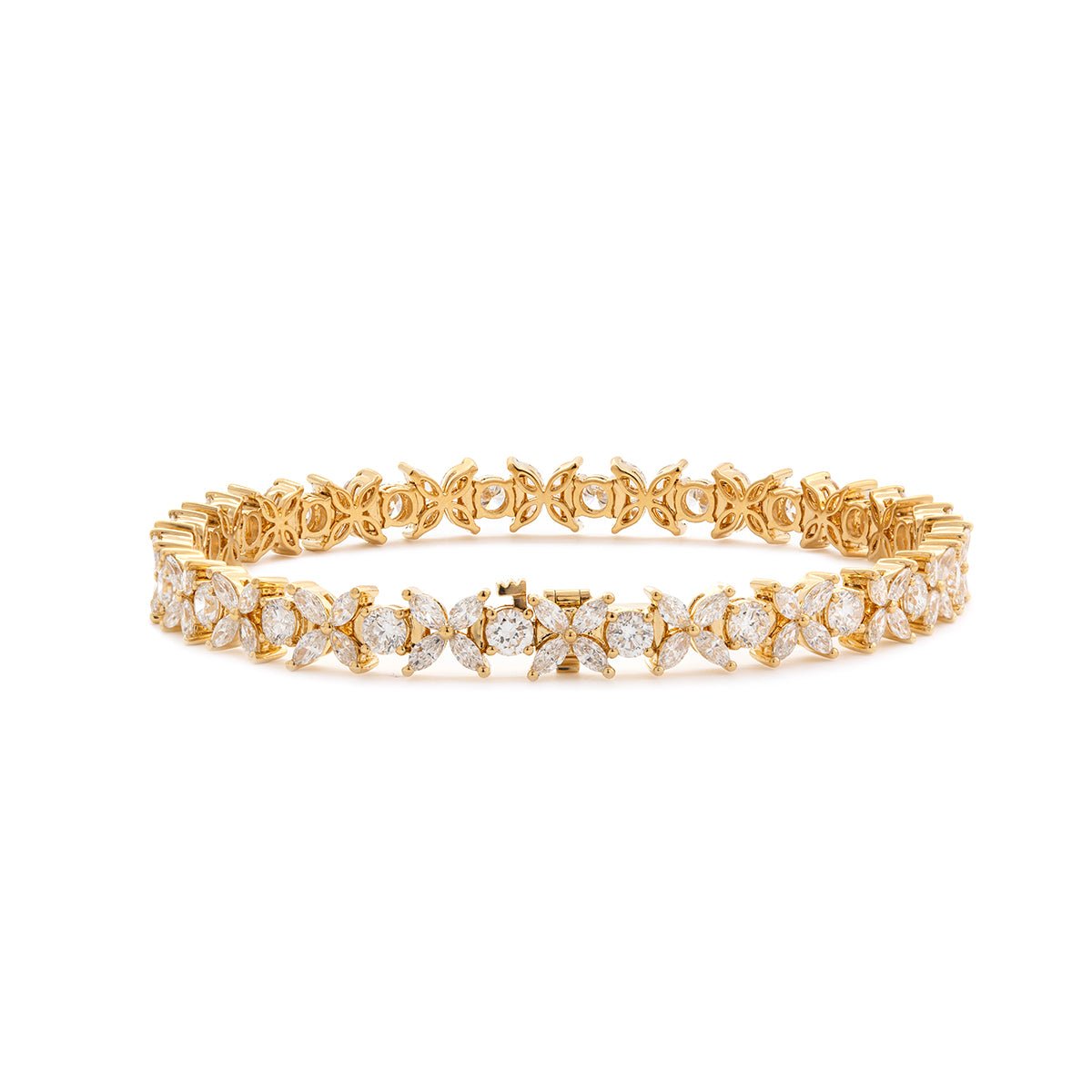 18K Yellow Gold Marquise Cut & Round Cut Lab Diamond Floral Tennis Bracelet - FIORESE JEWELRY