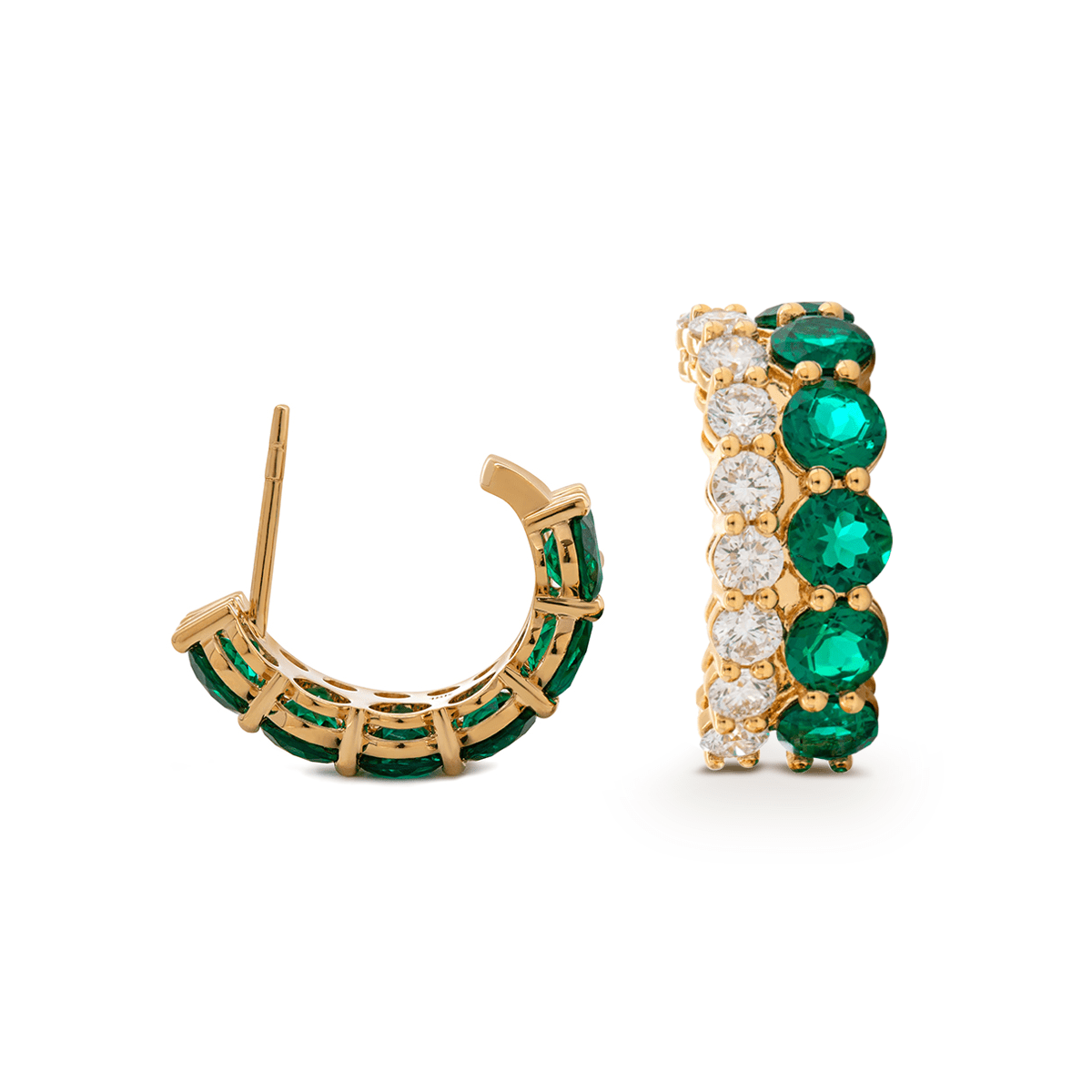 18K Yellow Gold Round Lab Diamond and Round Lab Zambian Emerald Stud Earrings - FIORESE JEWELRY