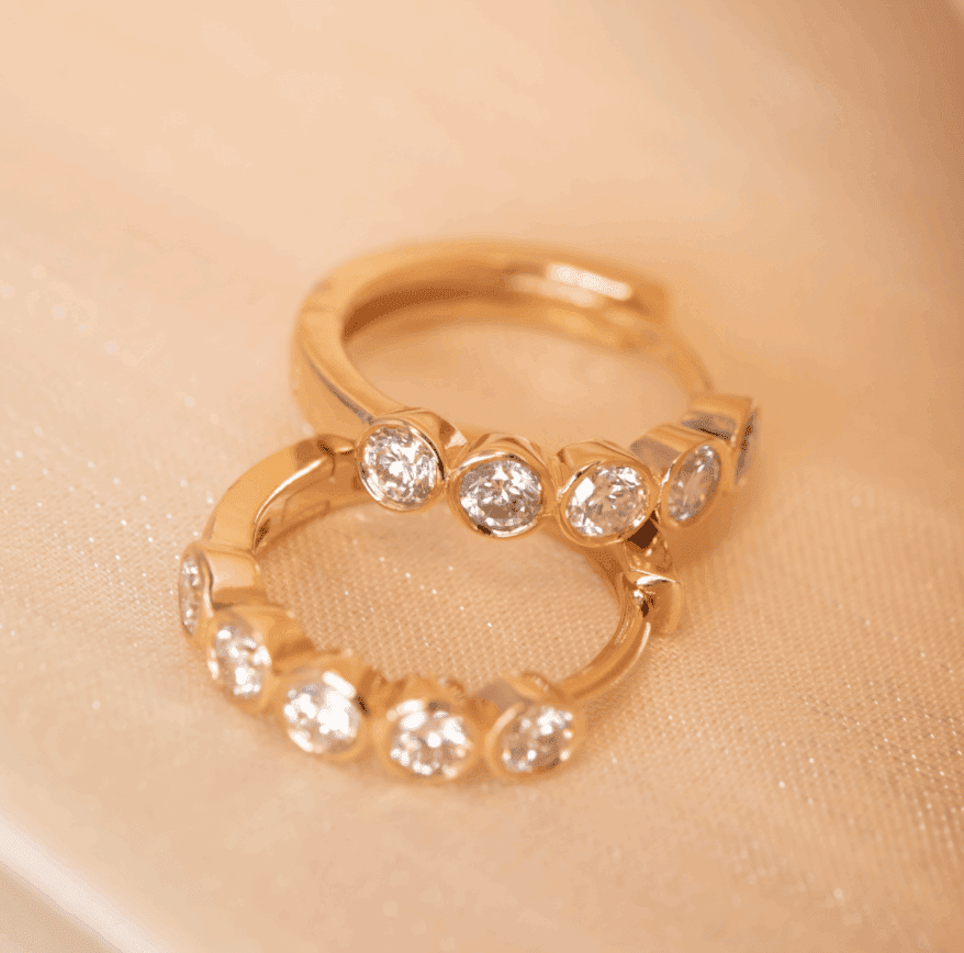 18K Yellow Gold Round Lab Diamond Five - stone Bezel Huggie Earrings - FIORESE JEWELRY