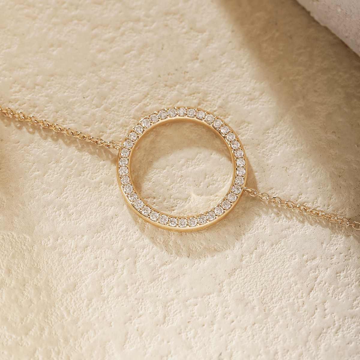 18K Yellow Gold Round Lab Diamond Pave Ring Shape Pendant Chain Bracelet - FIORESE JEWELRY