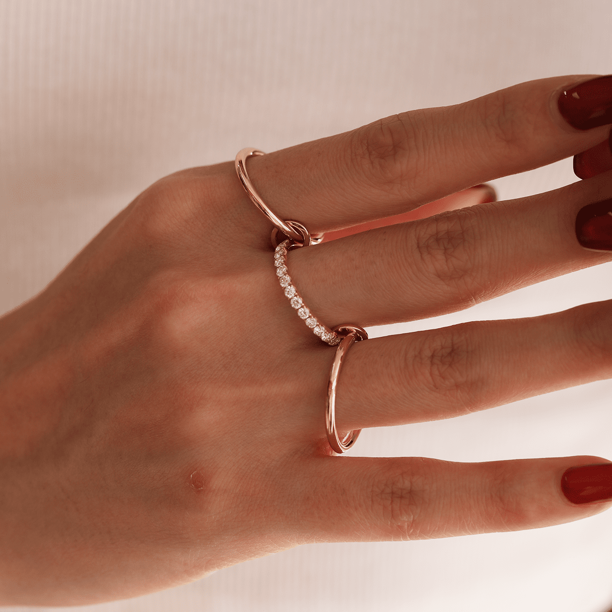18K Yellow Gold Triple Link Stacking Ring with Round Lab Diamond Pave - FIORESE JEWELRY