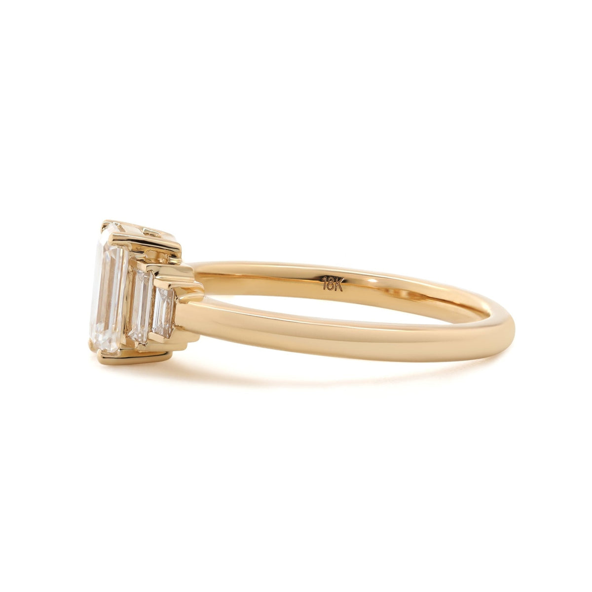 1ct Emerald Cut Lab Diamond 4 Round Prong Basket Five - stone Ring with Half Bezel Baguette Cut Side Stones - FIORESE JEWELRY