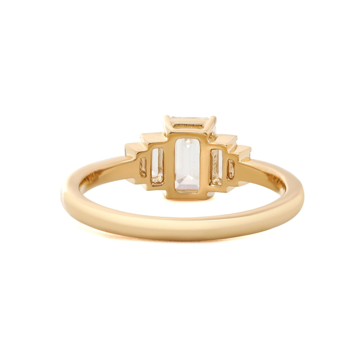 1ct Emerald Cut Lab Diamond 4 Round Prong Basket Five - stone Ring with Half Bezel Baguette Cut Side Stones - FIORESE JEWELRY