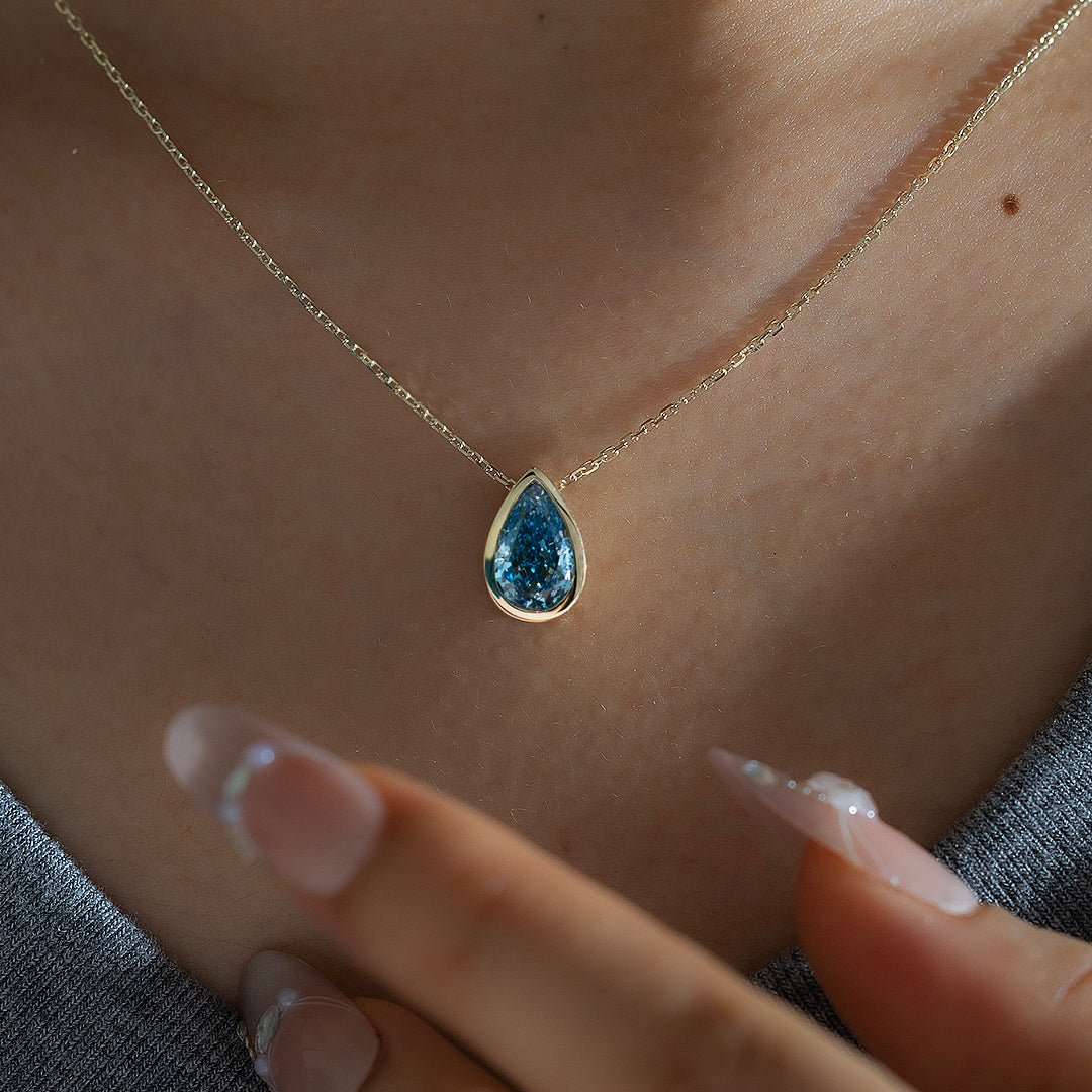 2 Ct Pear Cut Fancy Blue Lab Diamond Bezel Pendant Necklace - LGG Jewelry