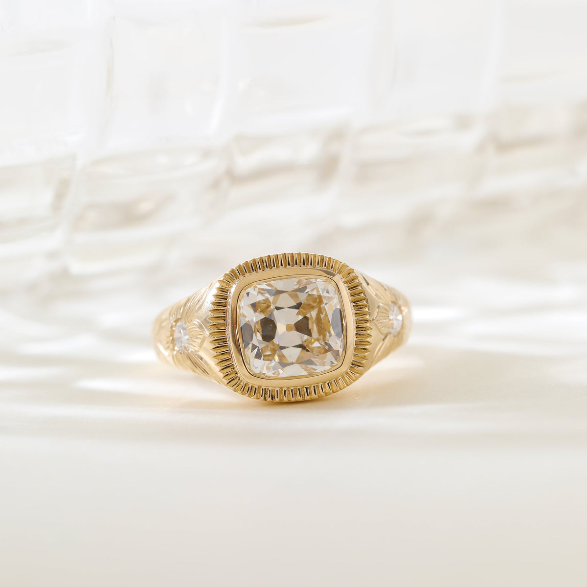 2.33CT Cushion Old Mine Cut Lab Diamond Hand - Engraved Flower Details Bezel Set Ring - FIORESE JEWELRY