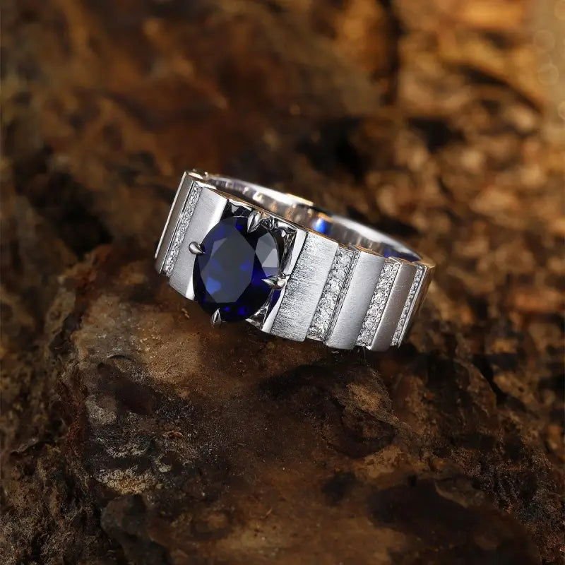 2.5 Ct Oval Shape Lab Blue Sapphire Tension Wedding Ring For Men - LGG Jewelry