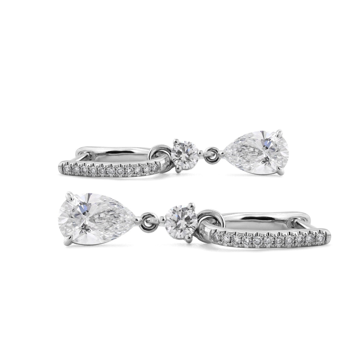 2.5 ct tw Pear Cut and Round Cut Lab Diamond Three Prong Basket Hoop Earrings - FIORESE JEWELRY