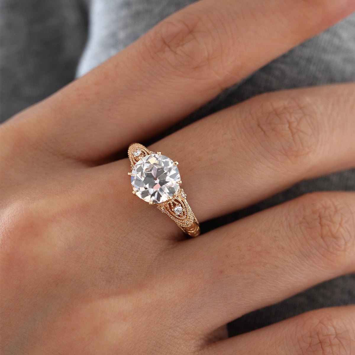 2.55CT Old European Cut Lab Diamond Hand - engraved Beaded Design Ring Paired Lab Diamonds - FIORESE JEWELRY