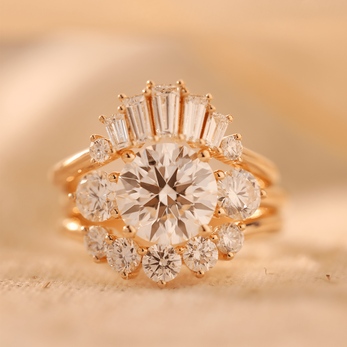 2.5ct Round Lab Diamond Round Prong Basket Three - stone Engagement Ring with Two Ring Enhancers in Bridal Ring Set Design - FIORESE JEWELRY