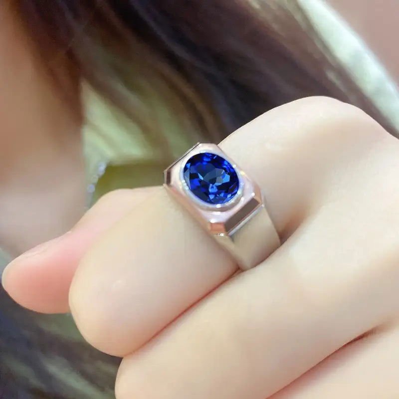 2.64 Ct Oval Shape Lab Blue Sapphire Bezel Wedding Ring For Men - LGG Jewelry
