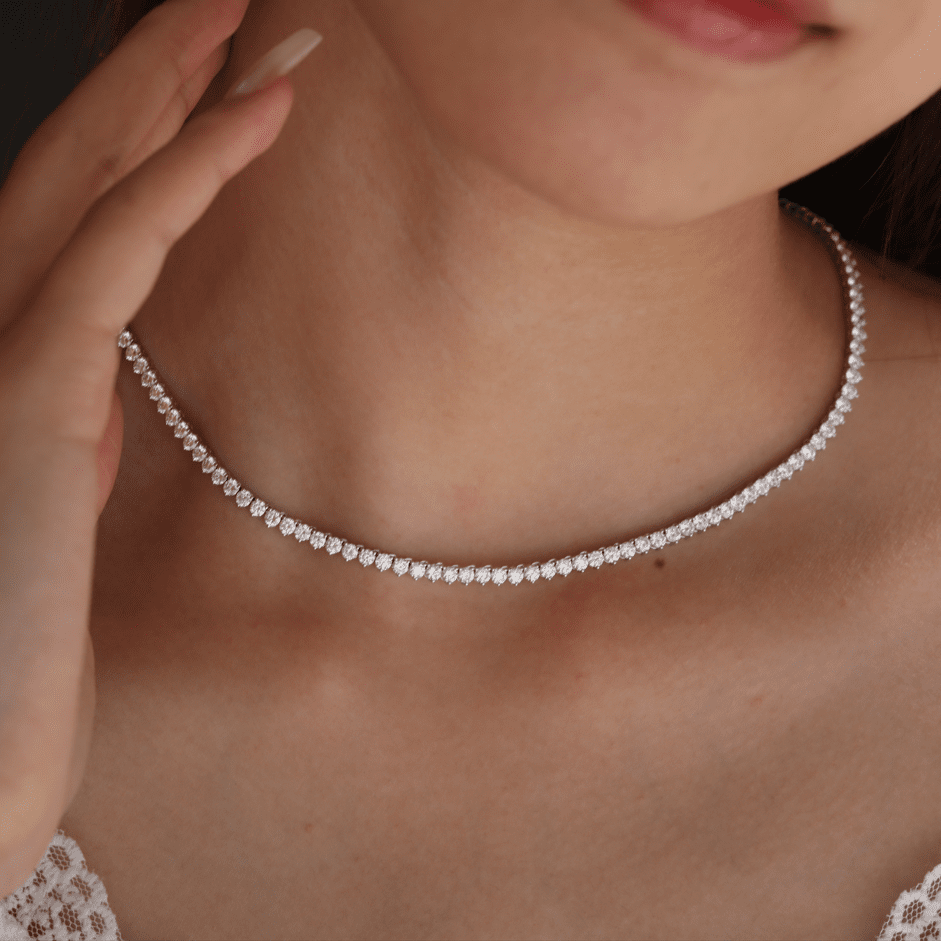 2.6mm Round Cut Lab Diamond 4 Prong Basket Tennis Necklace Everyday Essential - FIORESE JEWELRY