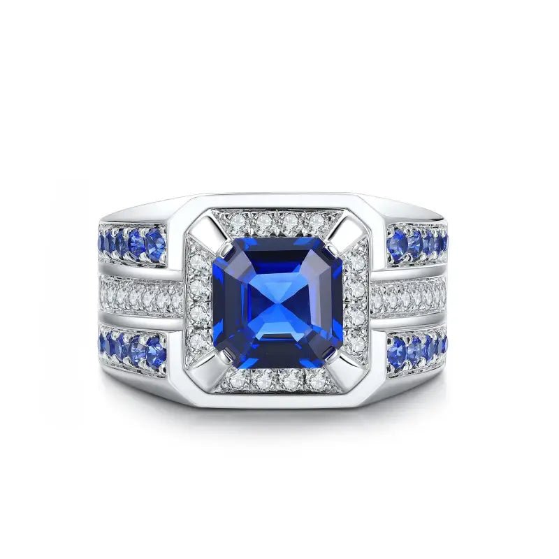 3 Ct Asscher Cut Lab Blue Sapphire Cluster Wedding Ring For Men - LGG Jewelry