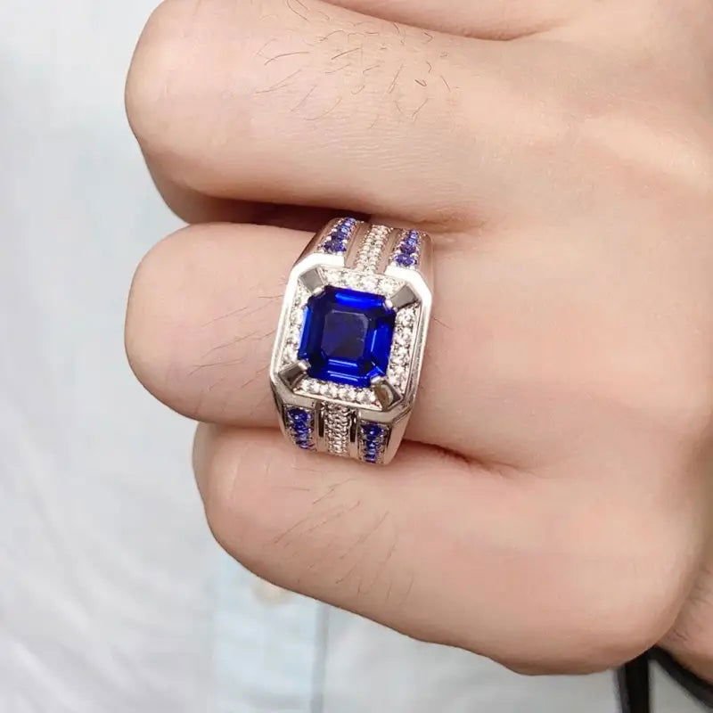 3 Ct Asscher Cut Lab Blue Sapphire Cluster Wedding Ring For Men - LGG Jewelry
