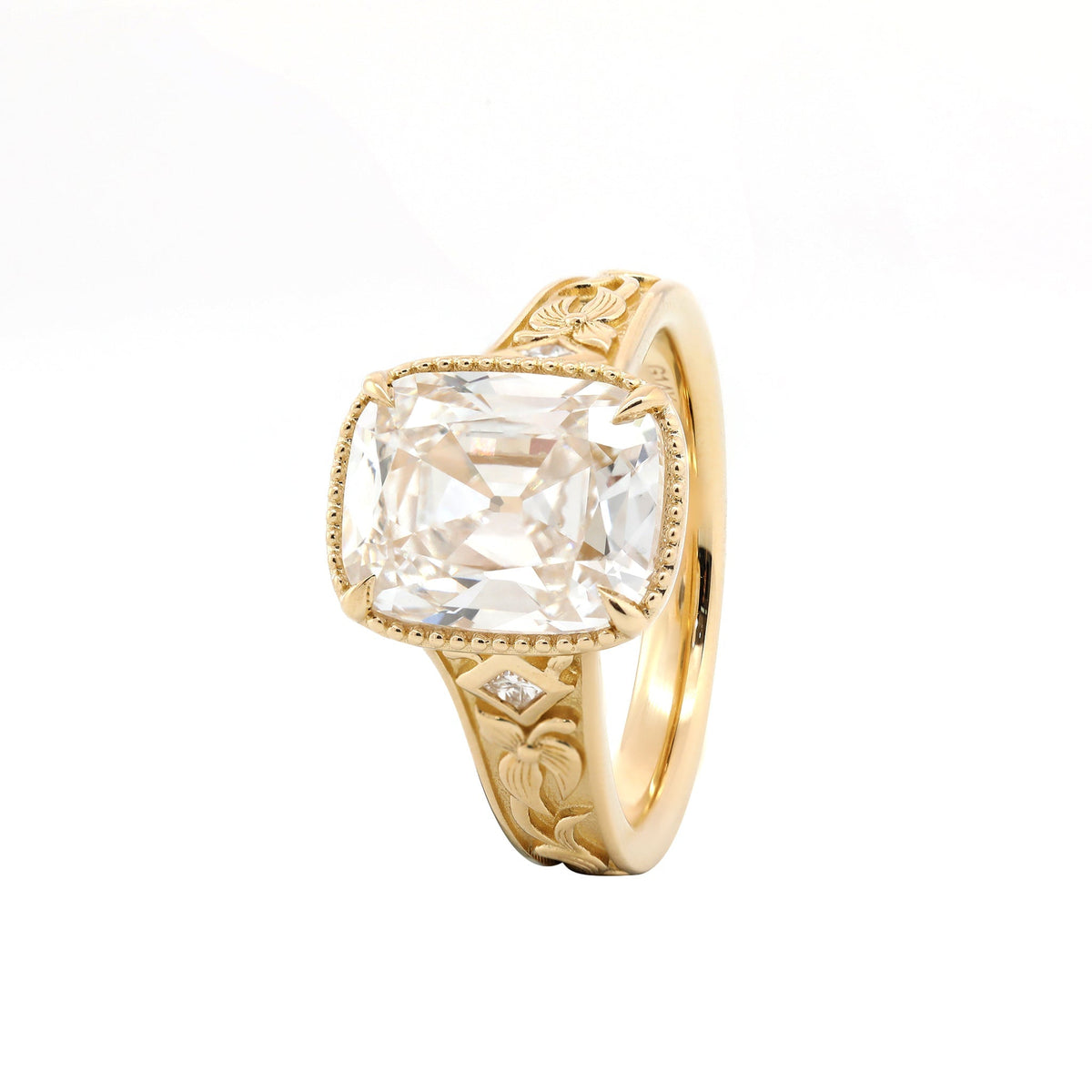3.7CT Cushion Old Mine Cut Lab Diamond Beaded Bezel Set Hand - Engraved Motif Band Ring - FIORESE JEWELRY