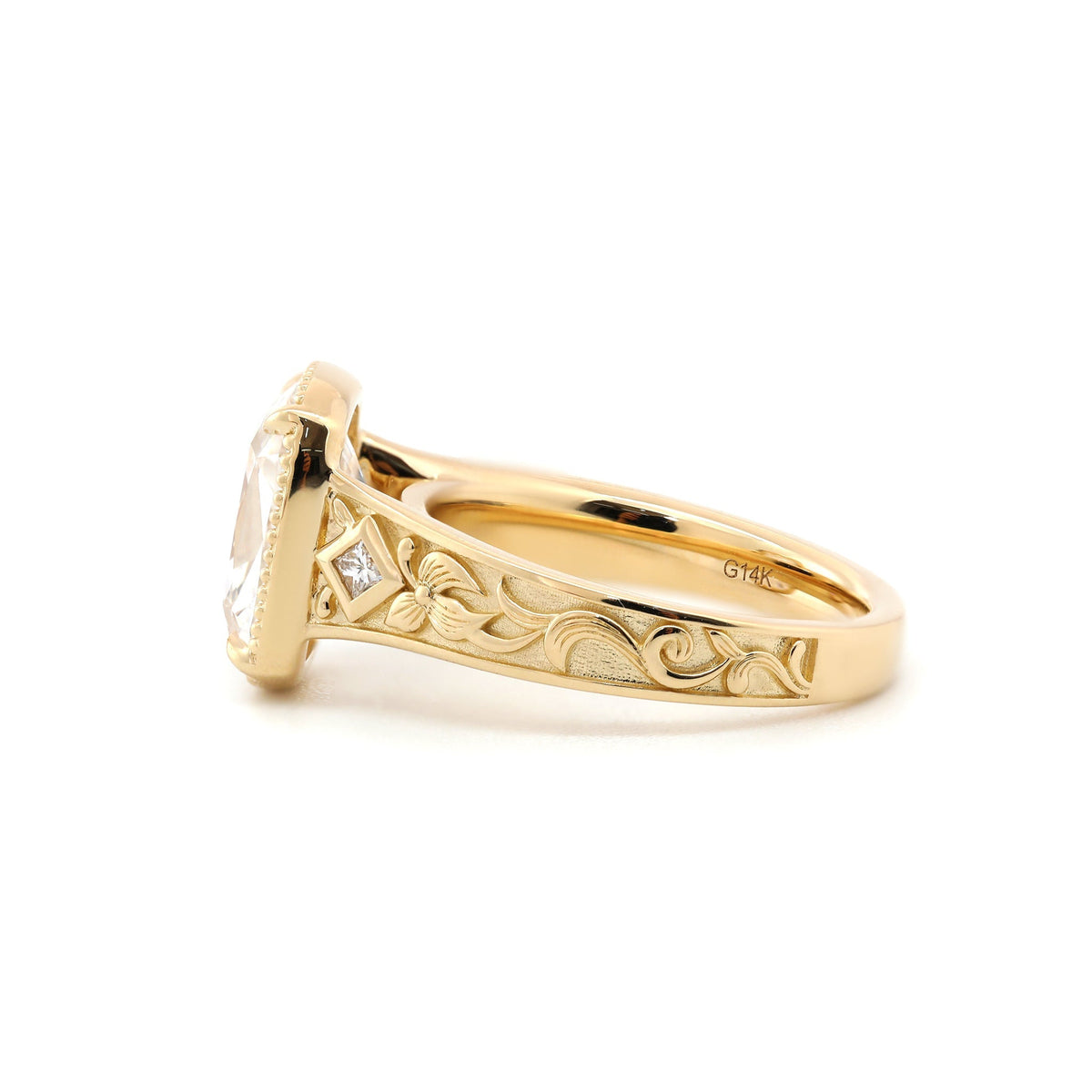 3.7CT Cushion Old Mine Cut Lab Diamond Beaded Bezel Set Hand - Engraved Motif Band Ring - FIORESE JEWELRY