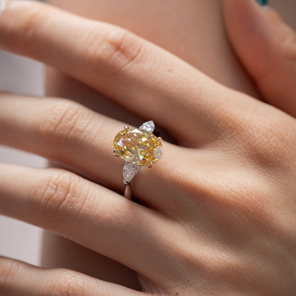 4.04CT Oval Old Mine Cut Yellow Lab Diamond Basket Set Three Stone Ring - FIORESE JEWELRY