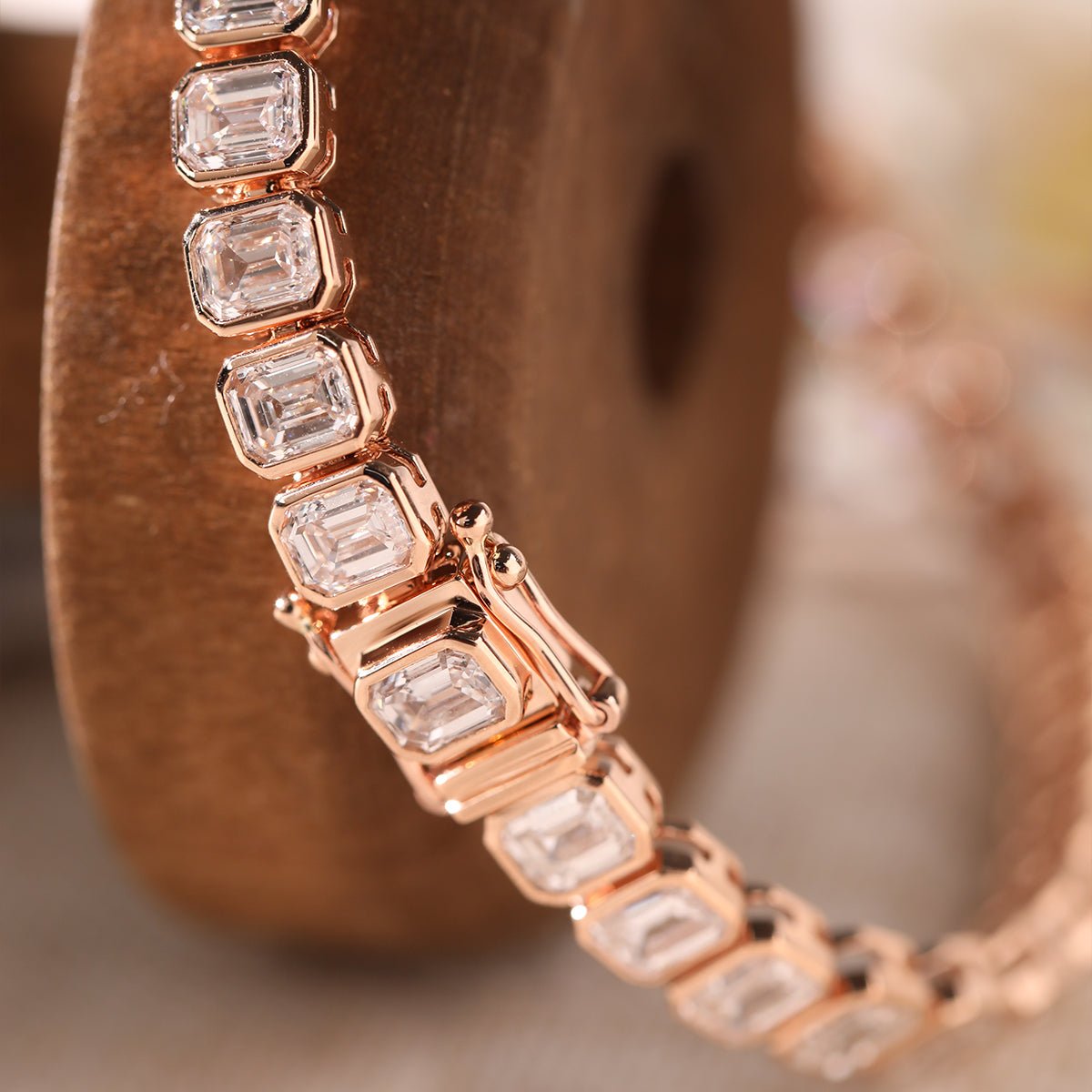 4×3mm Emerald Cut Lab Diamond Bezel - Set Tennis Bracelet with Box Clasp and Double Safety - FIORESE JEWELRY