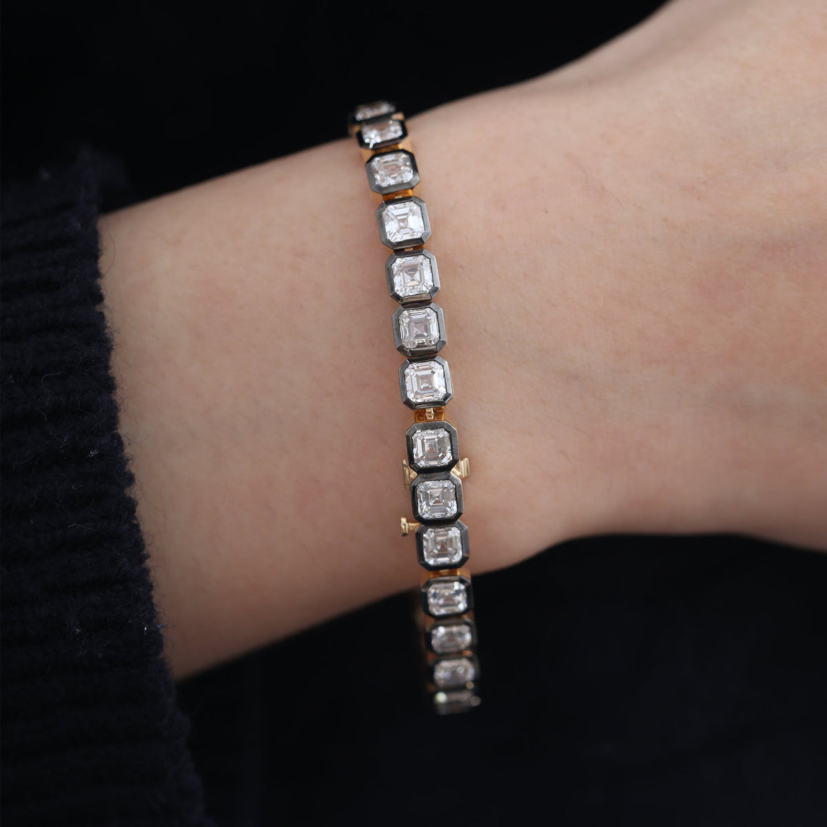 4×4mm Asscher-Cut Lab Diamond Black Rhodium Bezel Tennis Bracelet - FIORESE JEWELRY