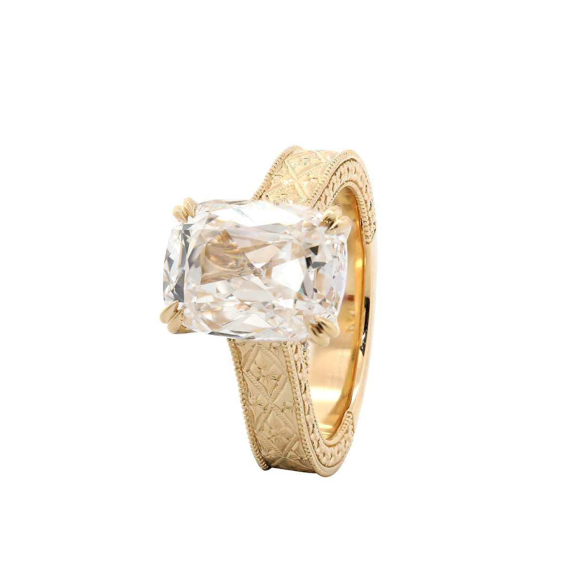 5.42CT Cushion Old Mine Cut Lab Diamond Vintage Hand - Engarved Wide Band Design Ring - FIORESE JEWELRY