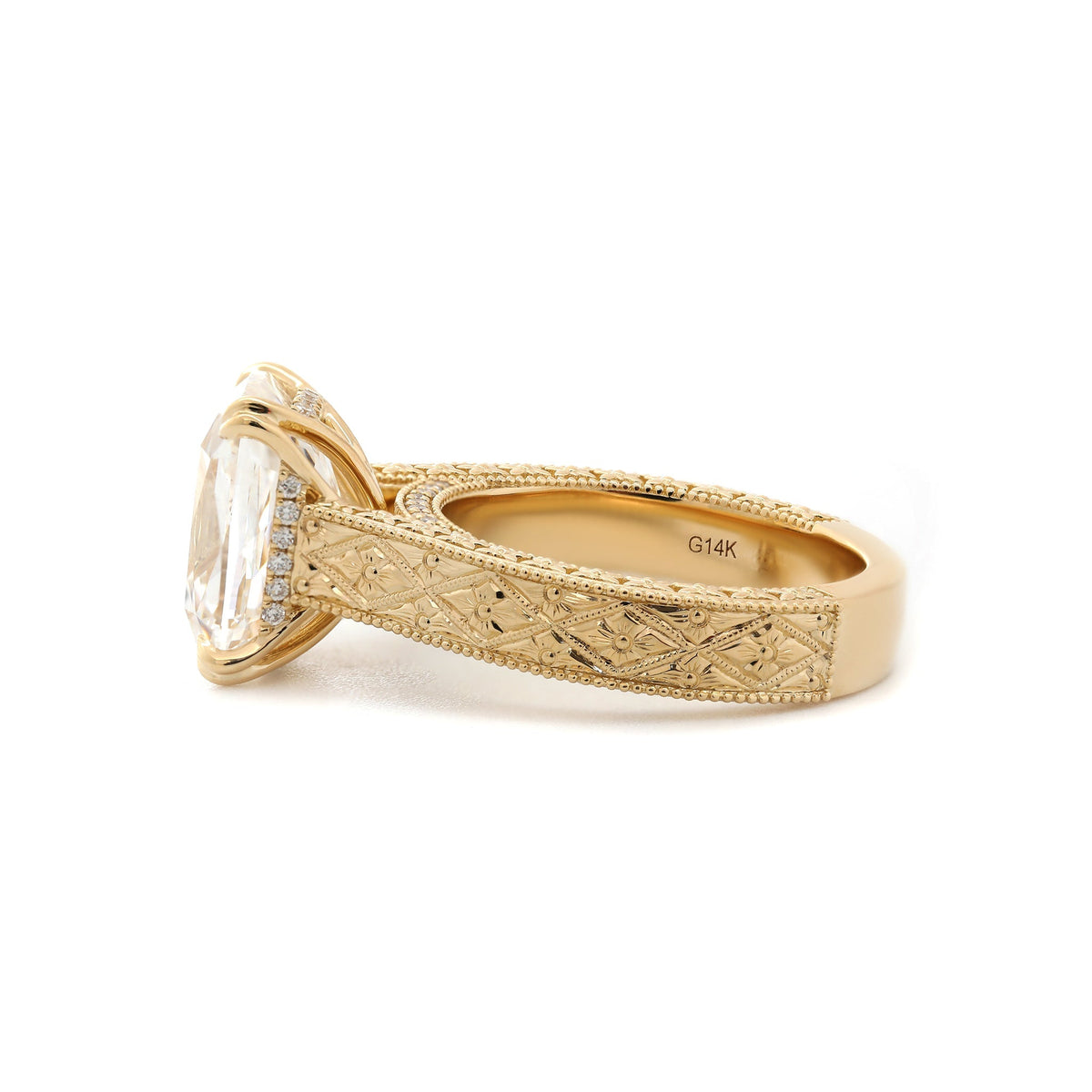 5.42CT Cushion Old Mine Cut Lab Diamond Vintage Hand - Engarved Wide Band Design Ring - FIORESE JEWELRY