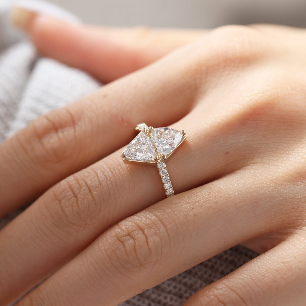 7mm Trillion Cut Lab Diamond Toi et Moi Ring with Half Eternity Pave - FIORESE JEWELRY