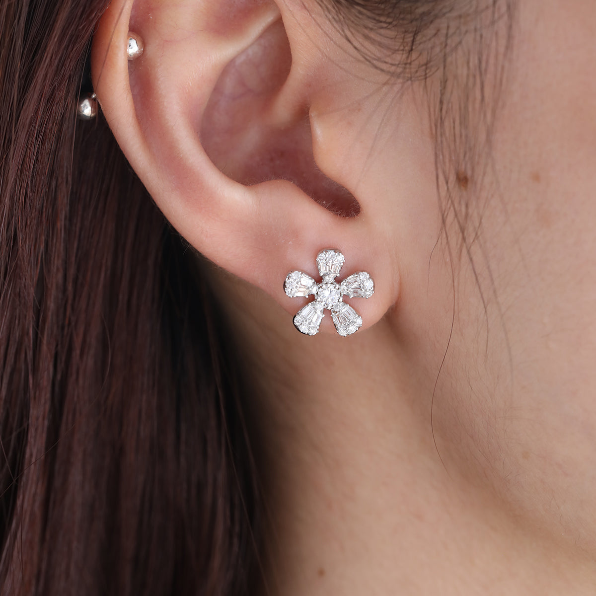 Baguette- and Round-Cut Lab Diamond Flower Stud Earrings