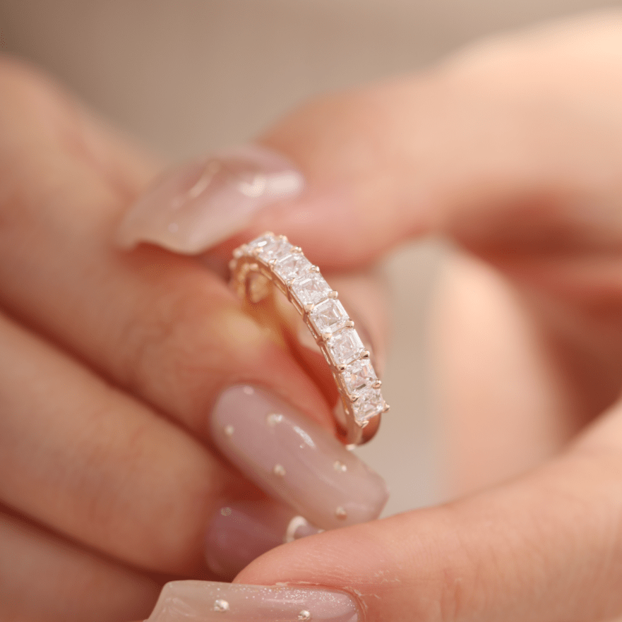 Asscher-Cut Lab Diamond Half Eternity Ring with Shared Claw Prongs - FIORESE JEWELRY