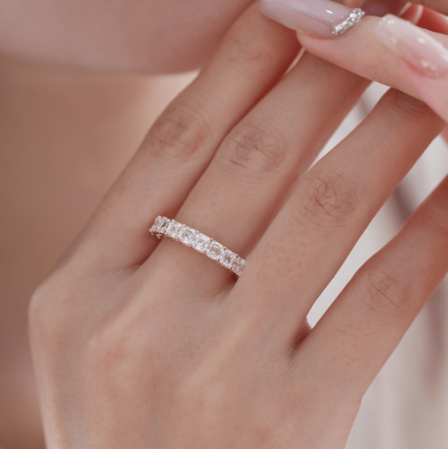 Asscher-Cut Lab Diamond Half Eternity Ring with Shared Claw Prongs - FIORESE JEWELRY
