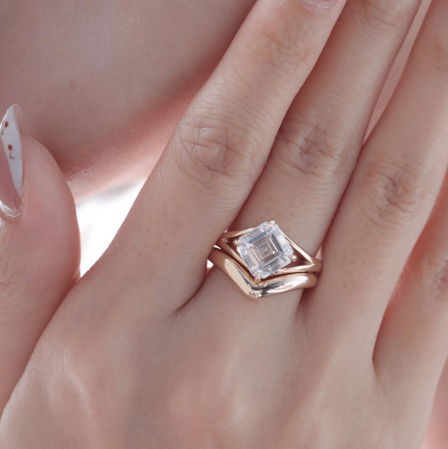 Asscher-Cut Lab Diamond Solitaire Bridal Set with Wavy Matching Band - FIORESE JEWELRY