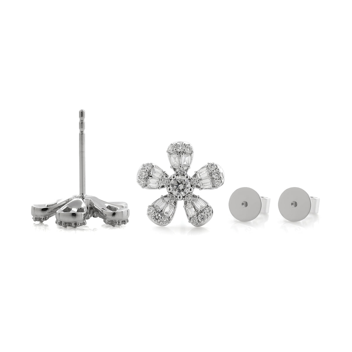 Baguette and Round Cut Lab Diamond Flower Stud Earrings — Art Nouveau Nature - Inspired - FIORESE JEWELRY