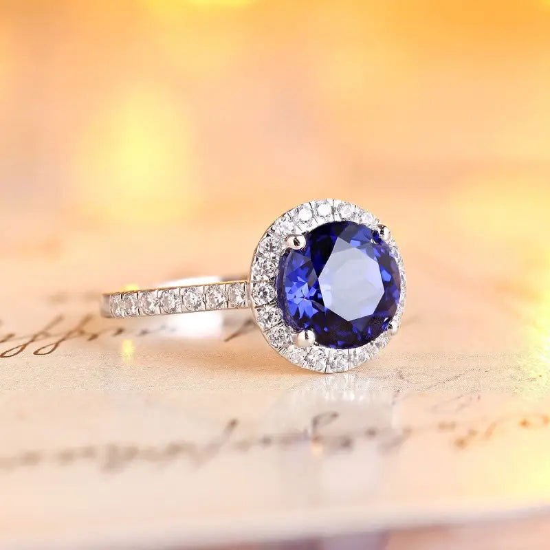 Classic 2.9 Ct Round Lab Blue Sapphire Halo Engagement Ring - LGG Jewelry