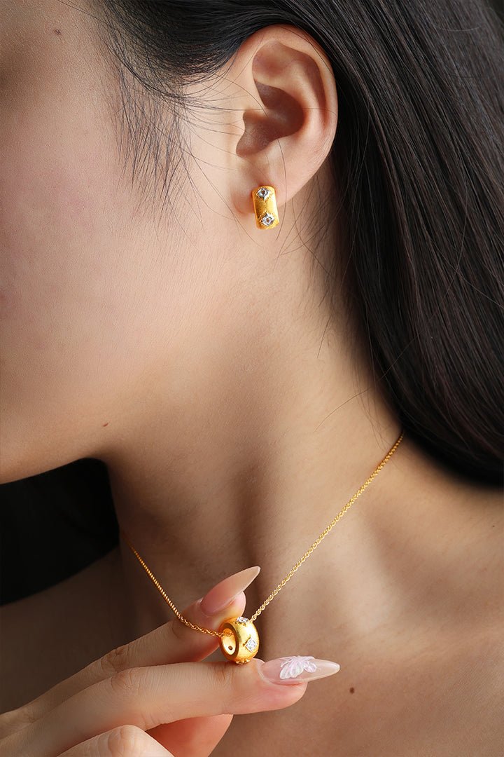 Crescent Brushed Gold Filled with Round CZ Huggie Earrings - LGG Jewelry