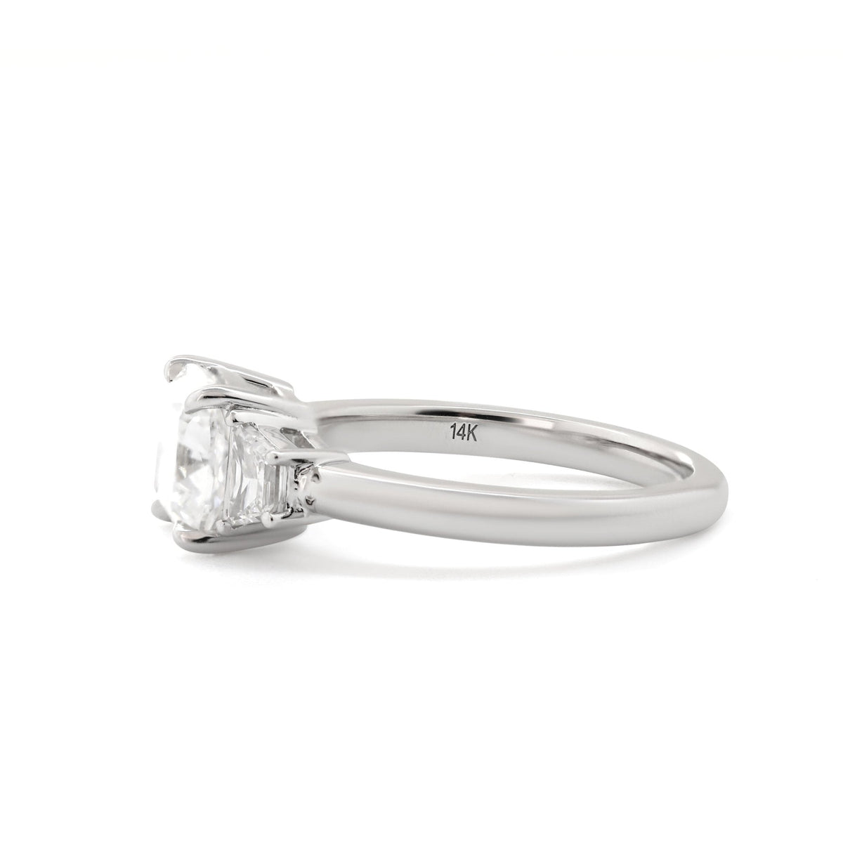 Cushion Brilliant - Cut Lab Diamond Three - Stone Engagement Ring with 4 - Claw Prong Basket Setting and Brilliant - Cut Trapezoid Side Stones - FIORESE JEWELRY