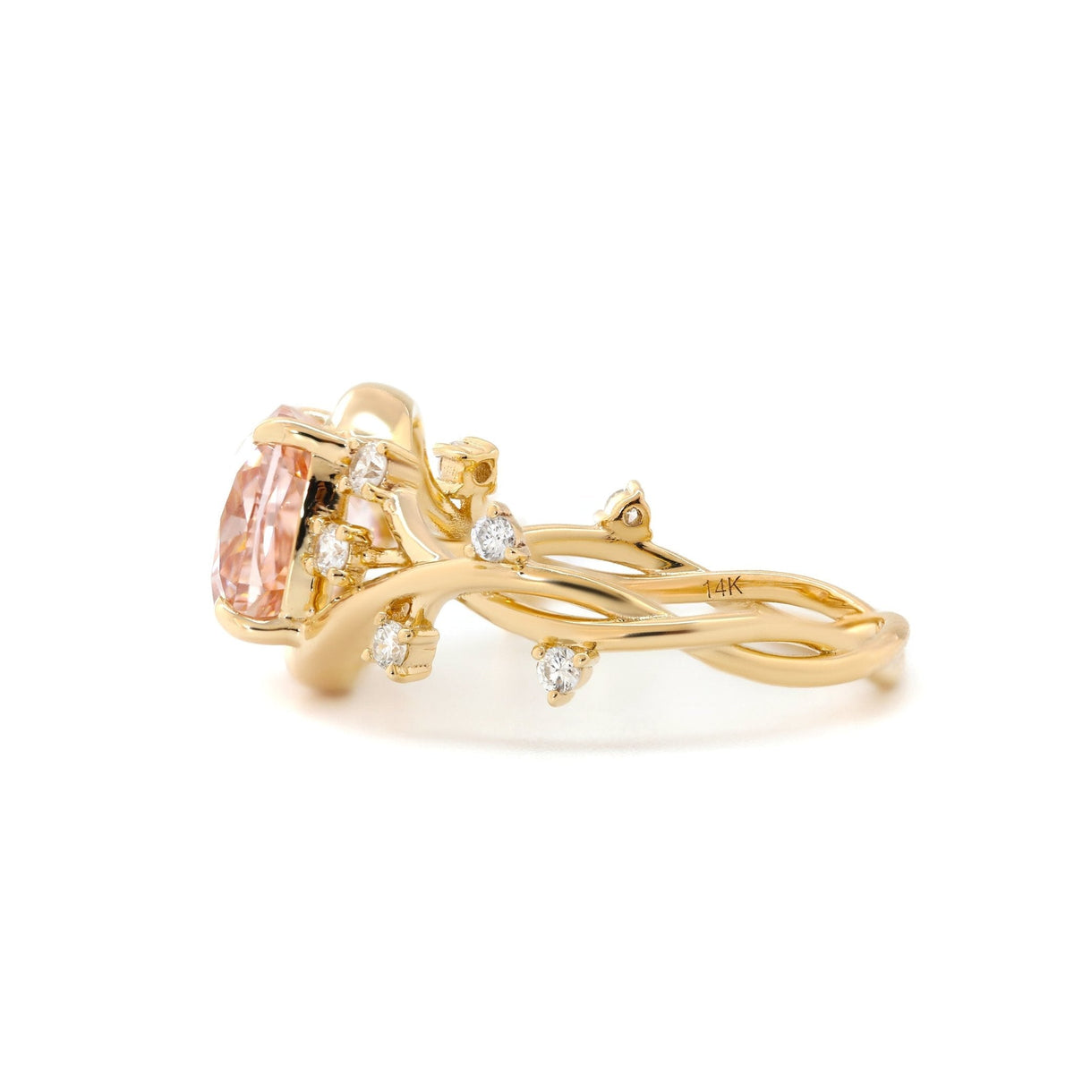 Cushion - Cut Pink Lab Diamond Ring with Leaf & Vine Band - FIORESE JEWELRY