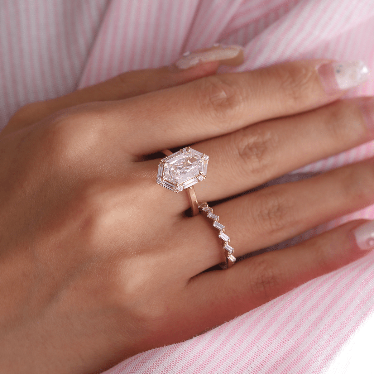 Duchess Cut Elongated Hexagonal Lab Diamond Ring with Baguette and Round Diamond Halo - FIORESE JEWELRY