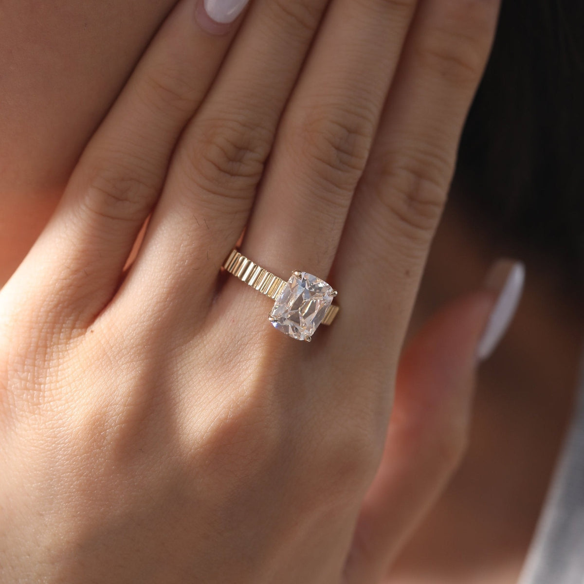 Elongated Old Mine - Cut Lab Diamond Ring with Four - Claw Basket Setting and Round Lab Diamond Hidden Halo - FIORESE JEWELRY