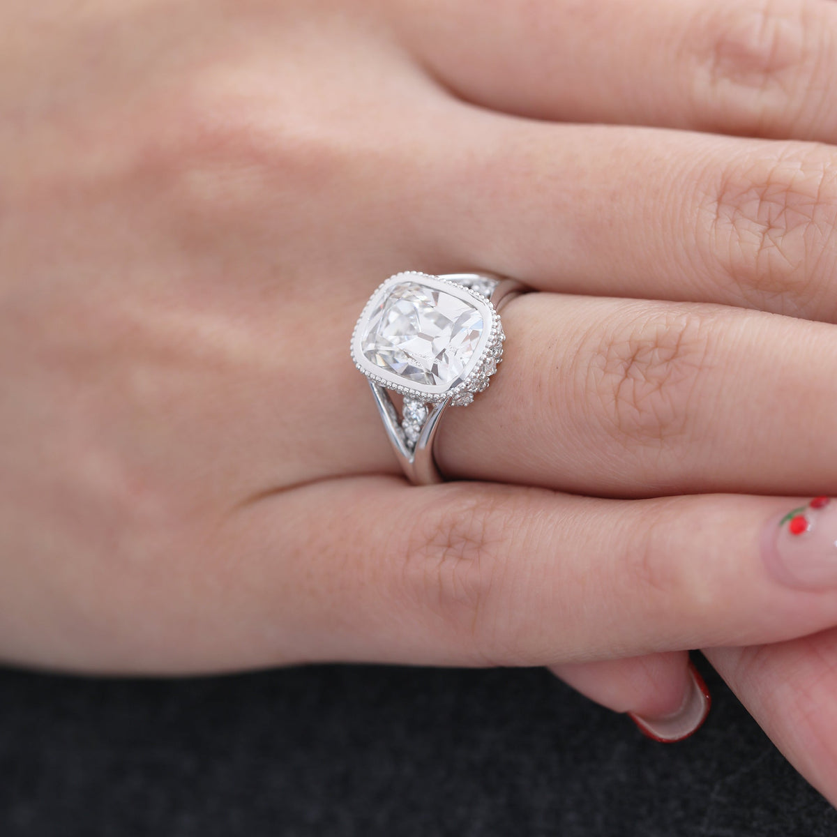 Elongated OMC Diamond Bezel Ring with Round & Marquise-Cut Side Stones and Millegrain - FIORESE JEWELRY