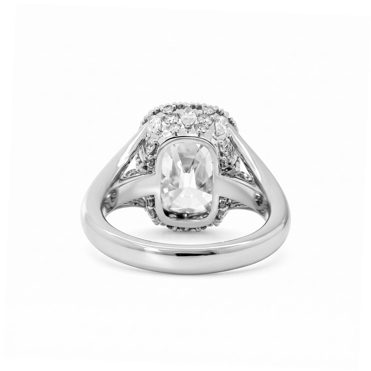 Elongated OMC Diamond Bezel Ring with Round & Marquise-Cut Side Stones and Millegrain - FIORESE JEWELRY
