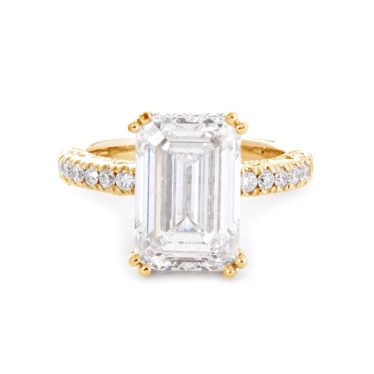 Emerald Cut Lab Diamond Double Round Prong Hidden Halo Millegrain Vintage Bridal Set — Engagement Ring with Half Eternity Band - FIORESE JEWELRY