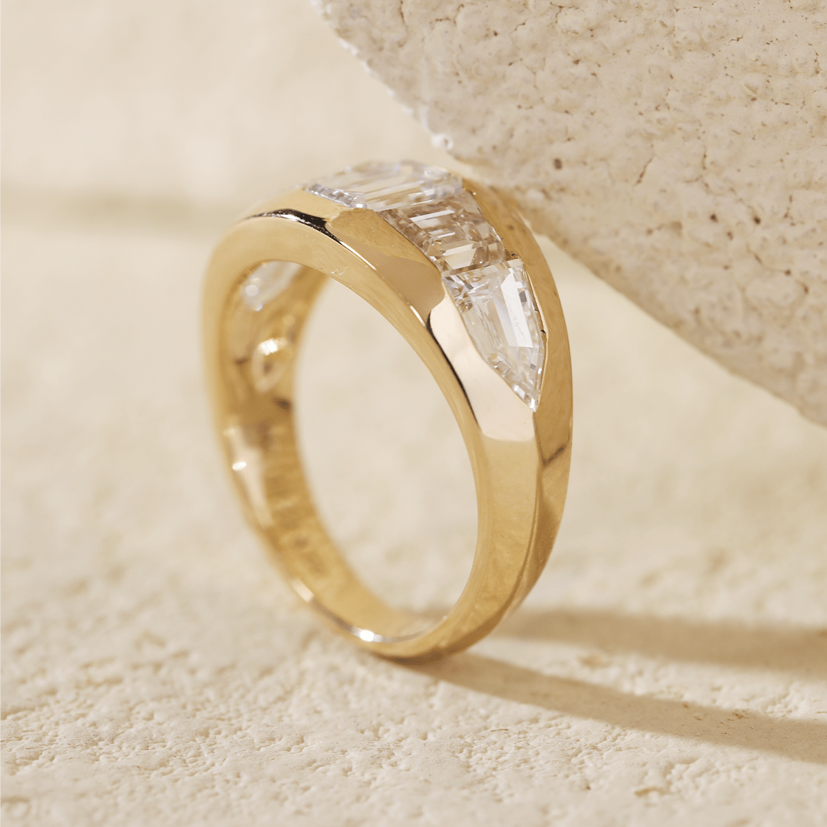 Emerald - Cut Lab Diamond Five - Stone Bezel - Set Ring with Tapered Step - Cut and Bullet - Cut Side Stones - FIORESE JEWELRY